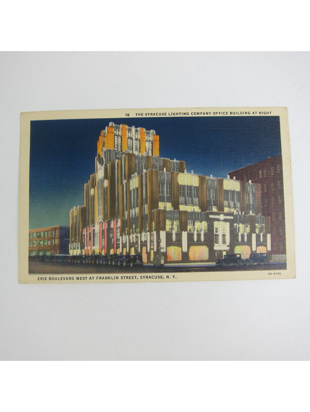Linen Postcard New York Syracuse Lighting Company Building at Night Vintage 1940